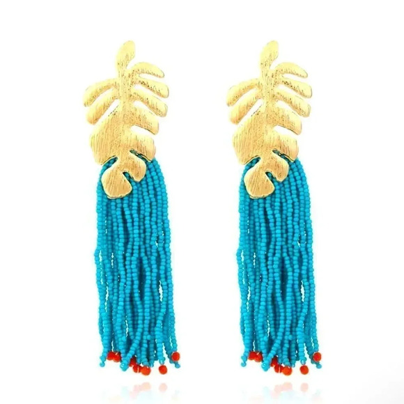 Zara Monstera Leaf Beaded Blue Tassel Earrings - Picture 1 of 5